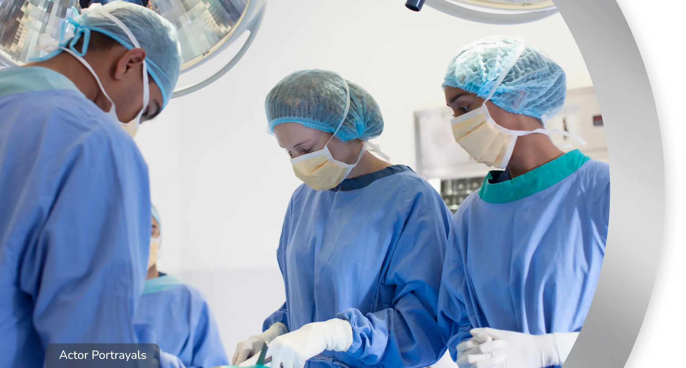 Operating room scene. Three healthcare professionals, dressed in full scrubs performing surgery. Actor portrayals