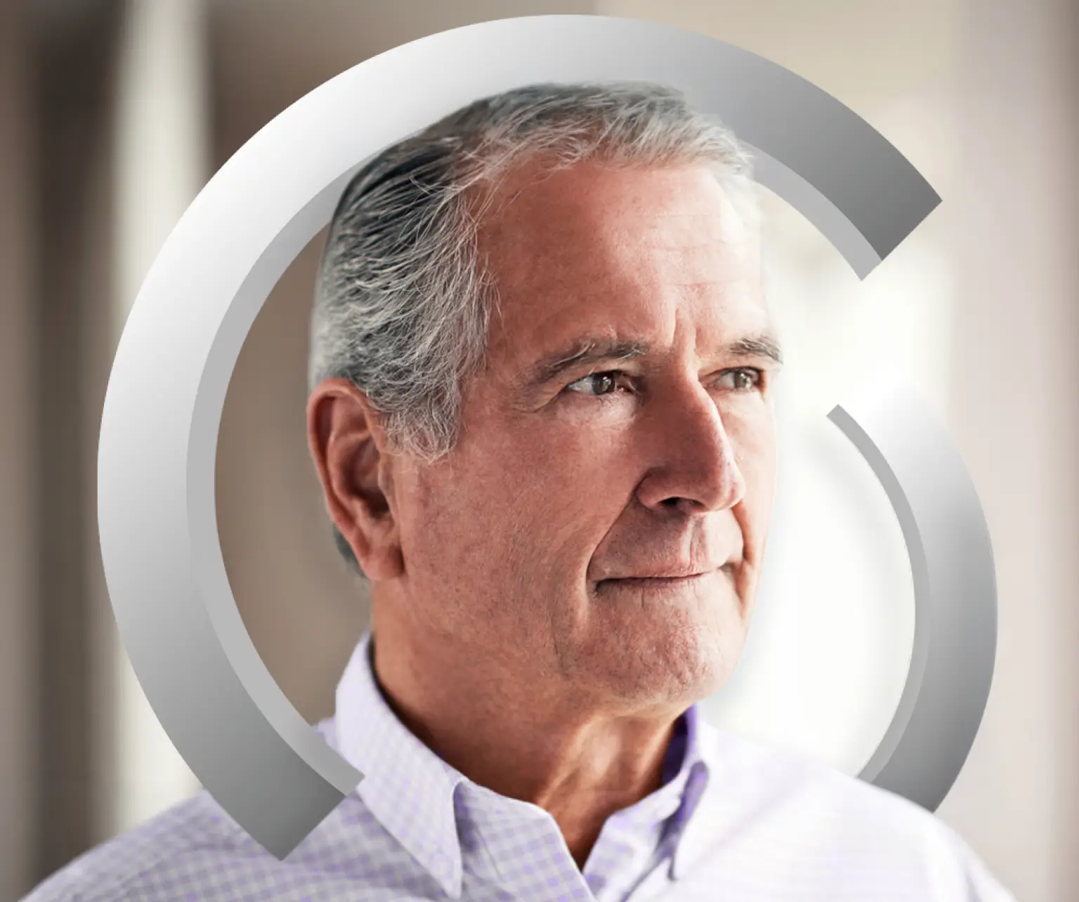 A man with gray hair, wearing a light-colored formal shirt, looking off to the distance. Actor portrayal