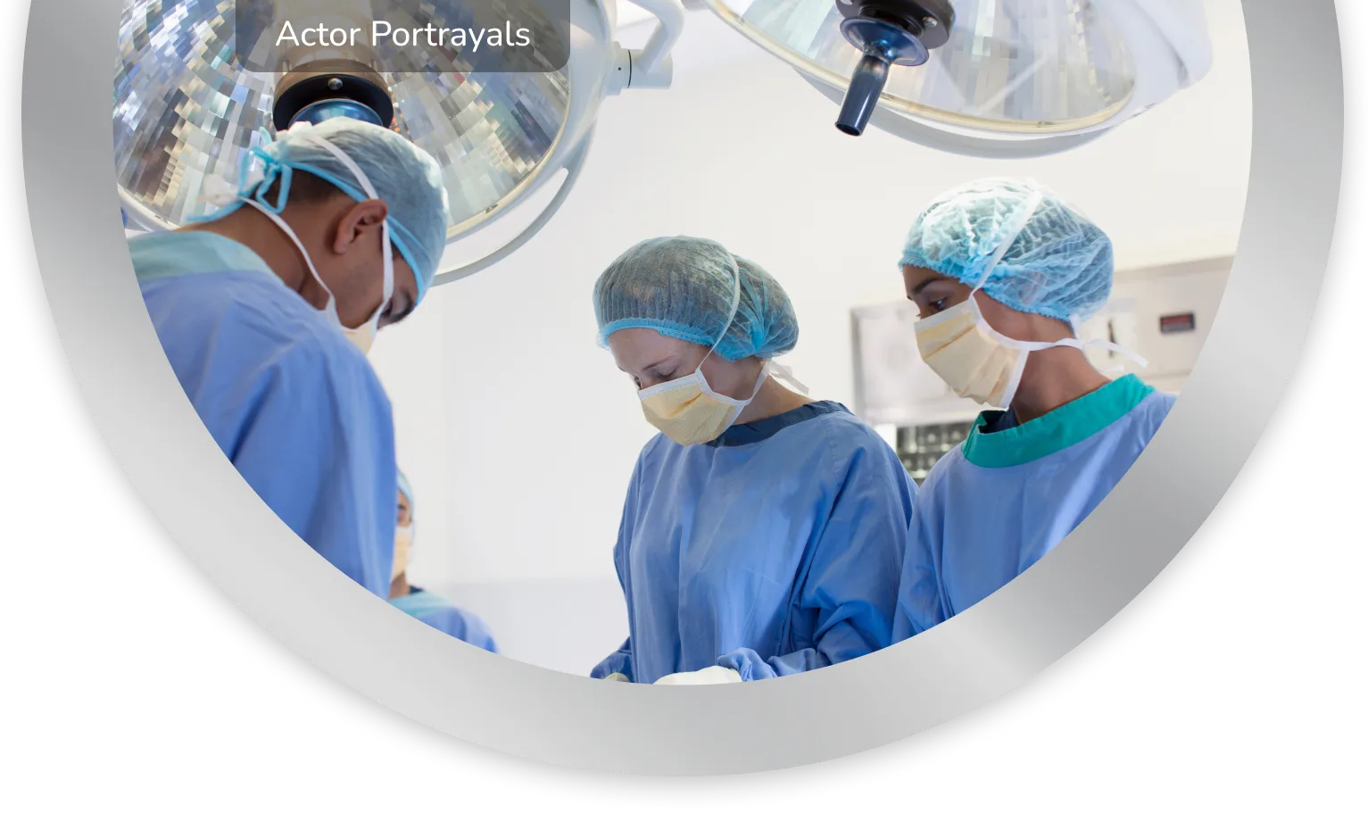 Operating room scene. Three healthcare professionals, dressed in full scrubs performing surgery. Actor portrayals