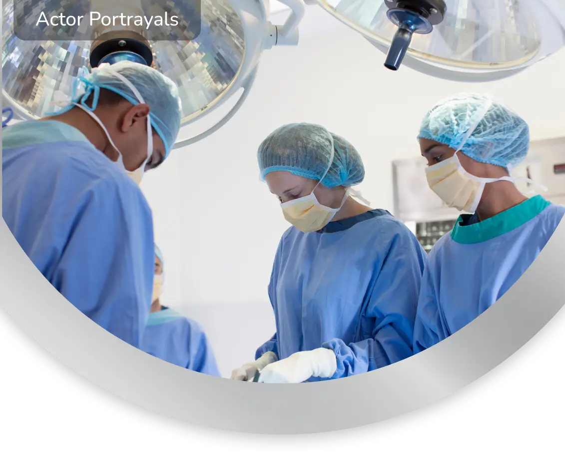 Operating room scene. Three healthcare professionals, dressed in full scrubs performing surgery. Actor portrayals