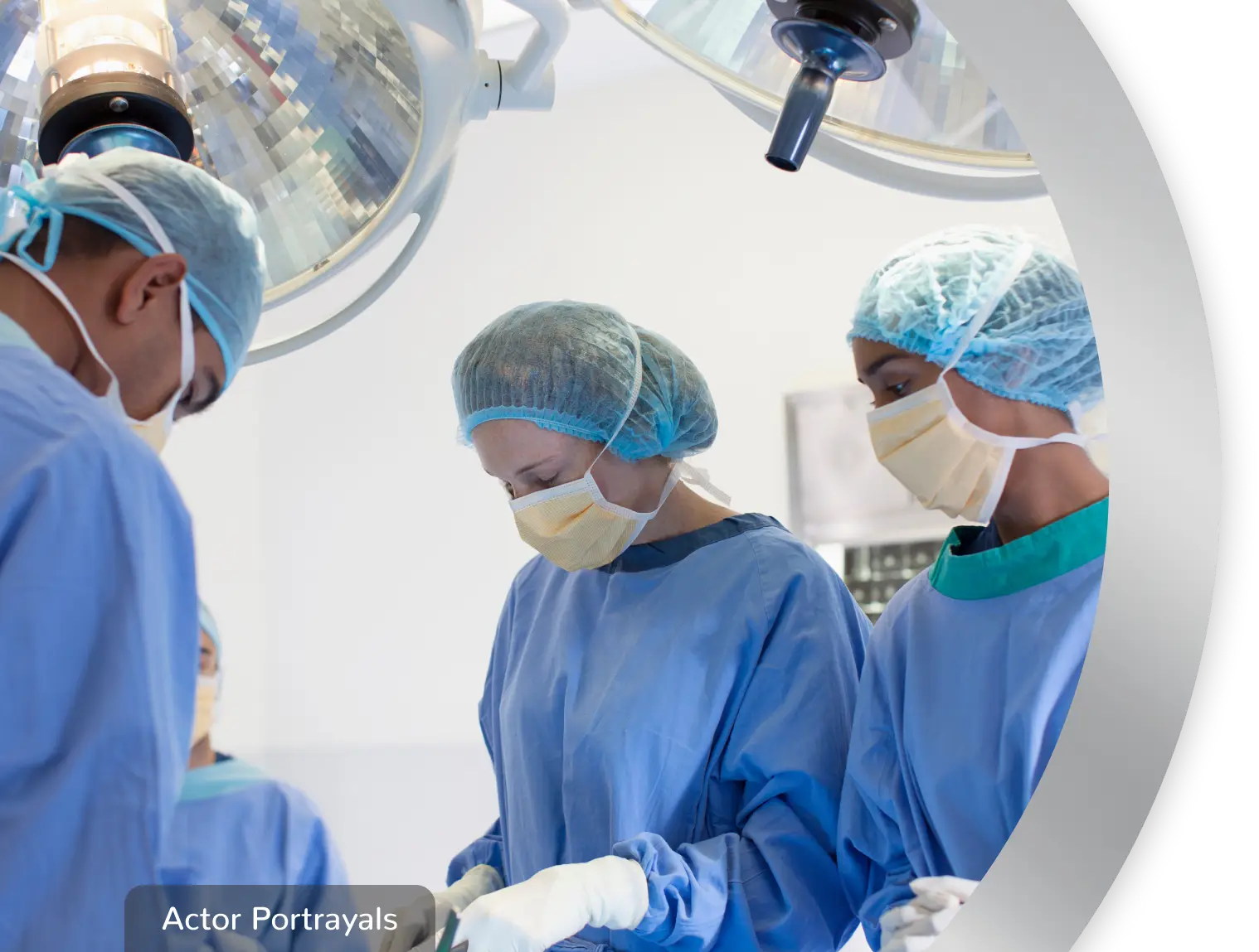 Operating room scene. Three healthcare professionals, dressed in full scrubs performing surgery. Actor portrayals